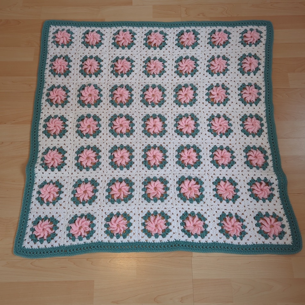 Vintage Handmade Crochet Green Pink Cream Baby Blanket